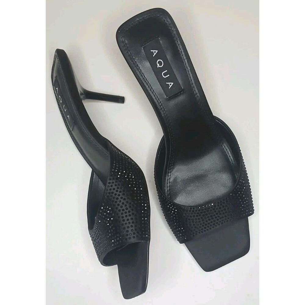 AQUA Women's Sz 7.5 Embellished Stiletto Mules Onyx Black Slip-on Sparkle NIB - Picture 6 of 16
